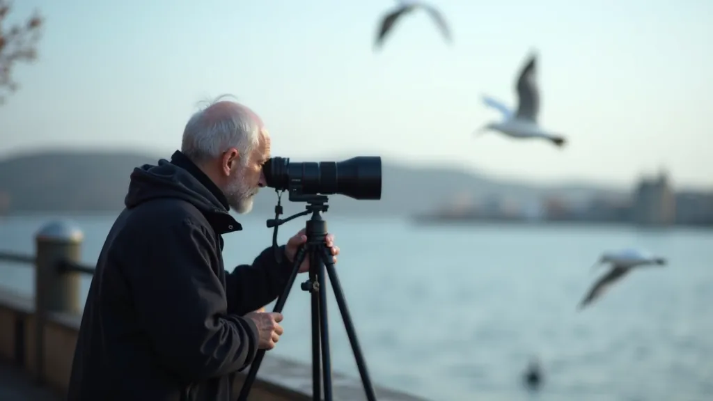 Kamera su teleobjektyvu ant trikojo šalia jūros, senyvas fotografas žiūri per lėšį, paukščiai skraido tolumoje