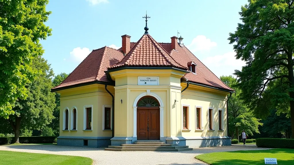 Rumšiškių muziejaus fasadas su žaliais medžiais aplink, saulėtas oras